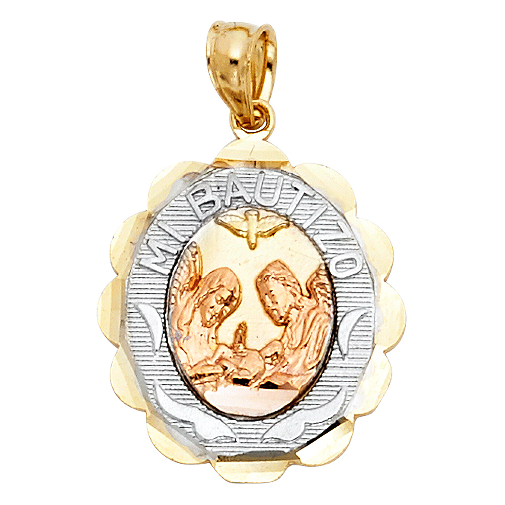 14K Tri-Color Gold Small Mi Bautizo Charm Pendant Oval Big